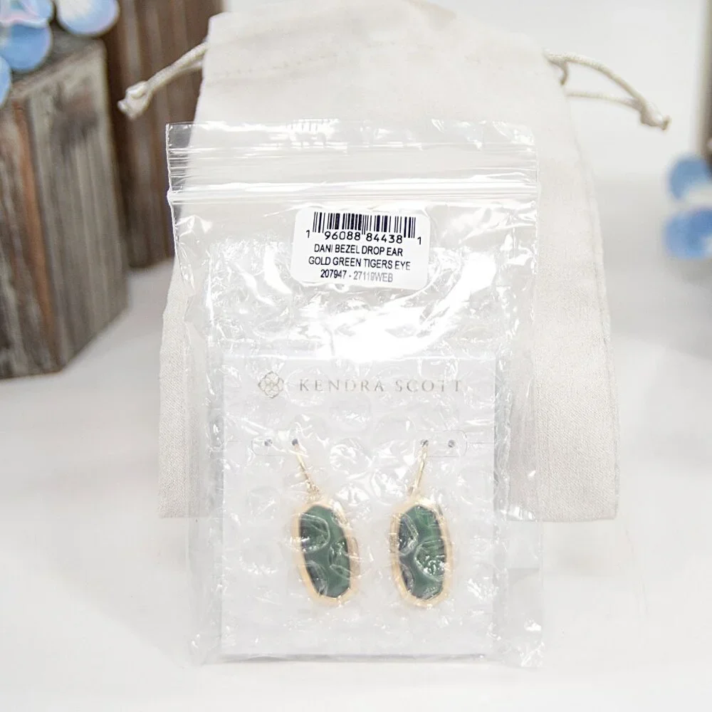Kendra Scott Dani Gold Bezel Frame Green Tiger's Eye Earrings NWT - Picture 6 of 6